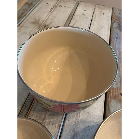 Vintage Enamelware Nesting Mixing Bowls Pink Desert Roses Set of 3 Cream Metal - Picture 6 of 13